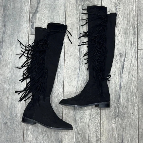 • Stuart Weitzman • Mane Fringe Over The Knee Boots Suede Leather Black 7 - Picture 2 of 4